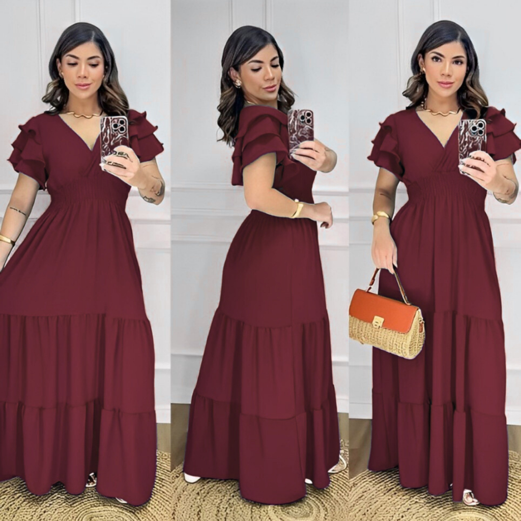 Vestido Longo Feminino Saia 3 Maria Manga Curta Babado Madrinha Evangelico Casamento Dia d...