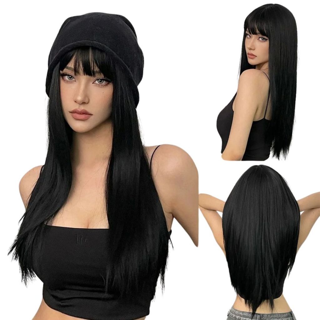 Peruca Lace Fibra Futura Com Franja + Capa Wing De Brinde Wig Liso Aspecto Humano
