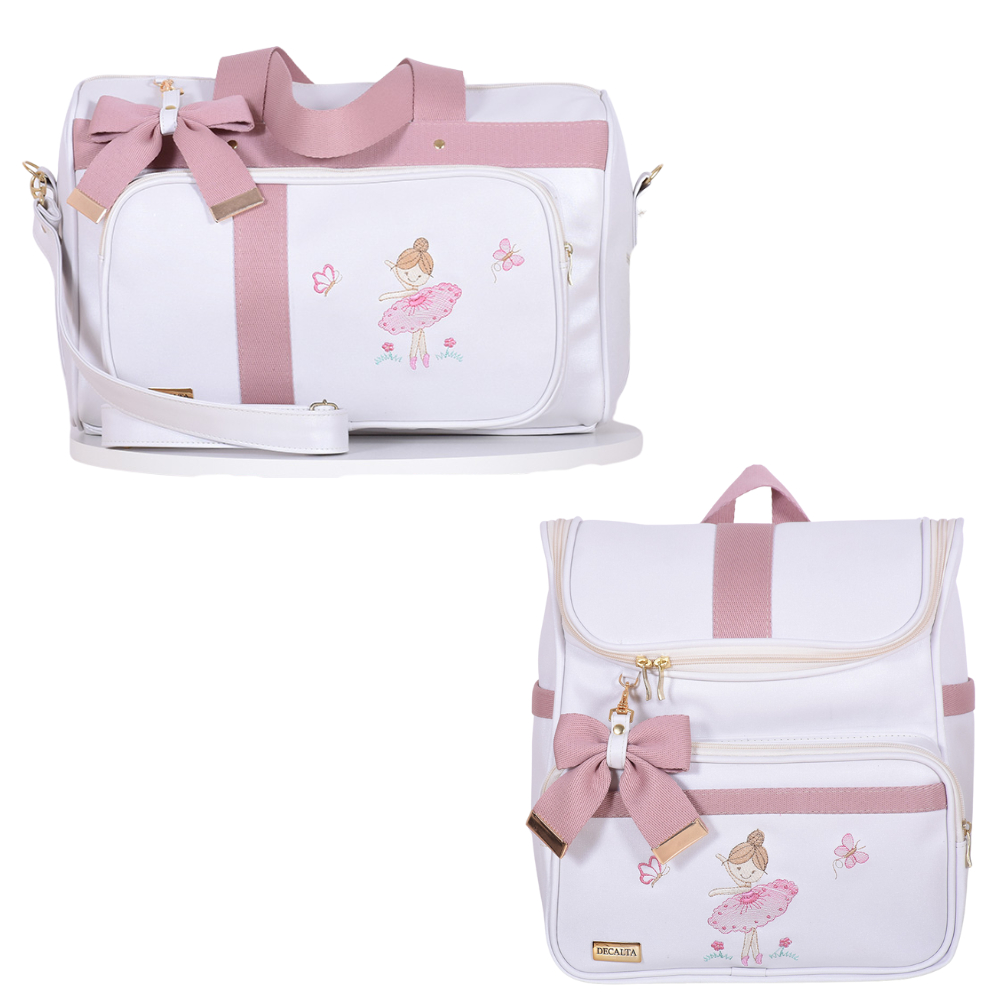 Kit Bolsa Maternidade Menina Bag e Mini Mochila Bailarina Off/Rosê - 02 Peças