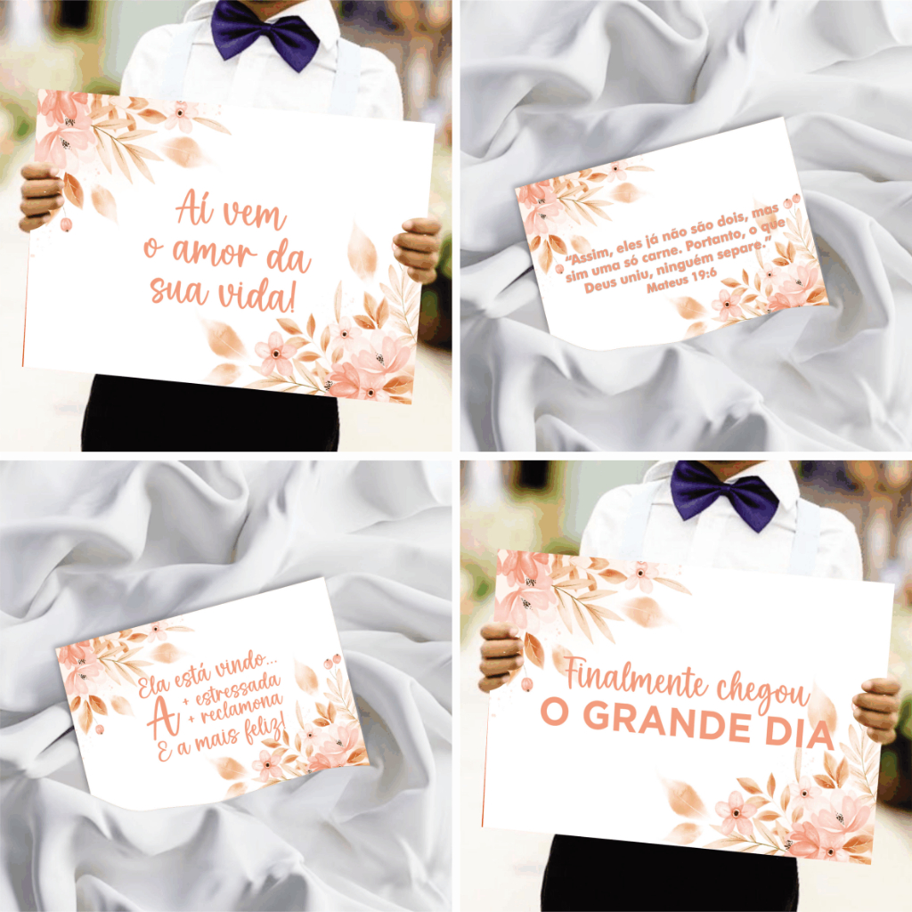 Placa De Casamento Floral Rosa & Salmão - Plaquinha Decorativa Entrada Noiva Noivo Pajem Daminha Cortejo