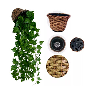 Kit Planta Decorativa: 5 Vasos Trançado Marrom + 15 Pendentes Artificial Folhas De Hera em Oferta na Shopee