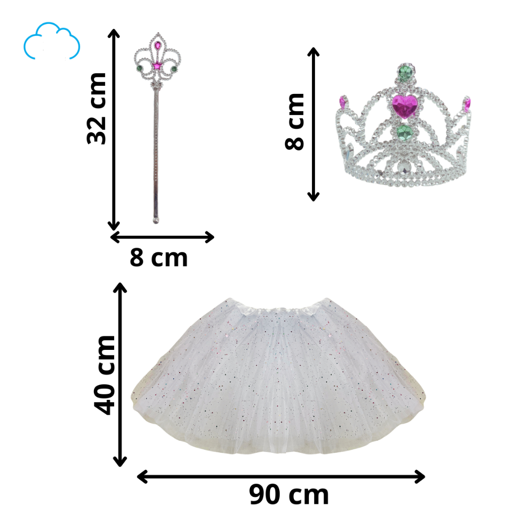 Kit fantasia Princesa Rainha Conto de Fadas Tiara Coroa  + Varinha Mágica + Saia de Tule com Glitter Completa
