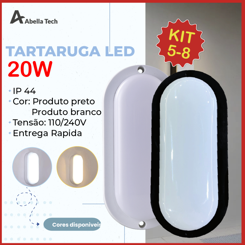 Kit 5/6/8 Luminária Arandela Tartaruga LED 20W Bivolt | Preto ou Branco | Luz Fria ou Luz Quente | A Prova D'Água