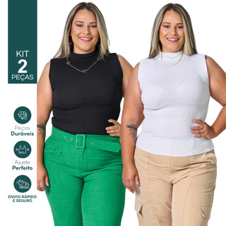 Blusa Feminina Kit 2 Un Garrafinha Plus Size Gola Alta Trico Canelado em Oferta na Shopee