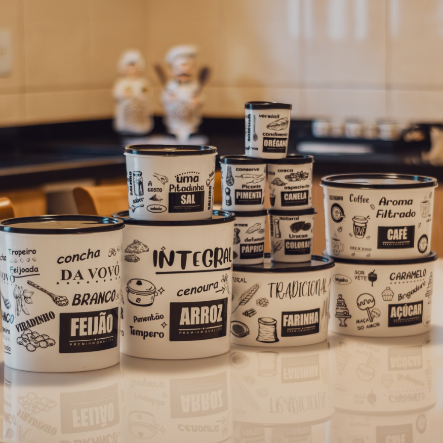 Kit 11 Porta Mantimentos Condimento Tempero Potes Organizador Para Cozinha Plástico Linha Black