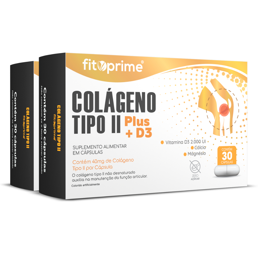 Kit 2 Colágeno Tipo II 40mg Fitoprime com Vitamina D3 e Carbonato de Cálcio Suplemento 30 Cápsulas