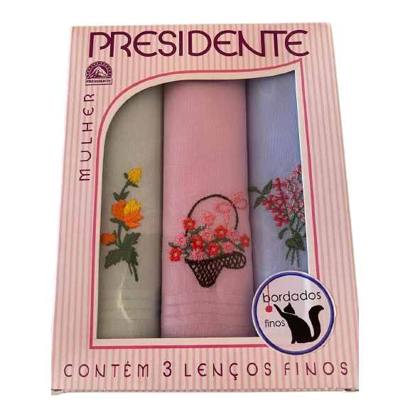 Lenços Bordados Presidente 30x30 Puro Algodão - Caixa C/ 3un