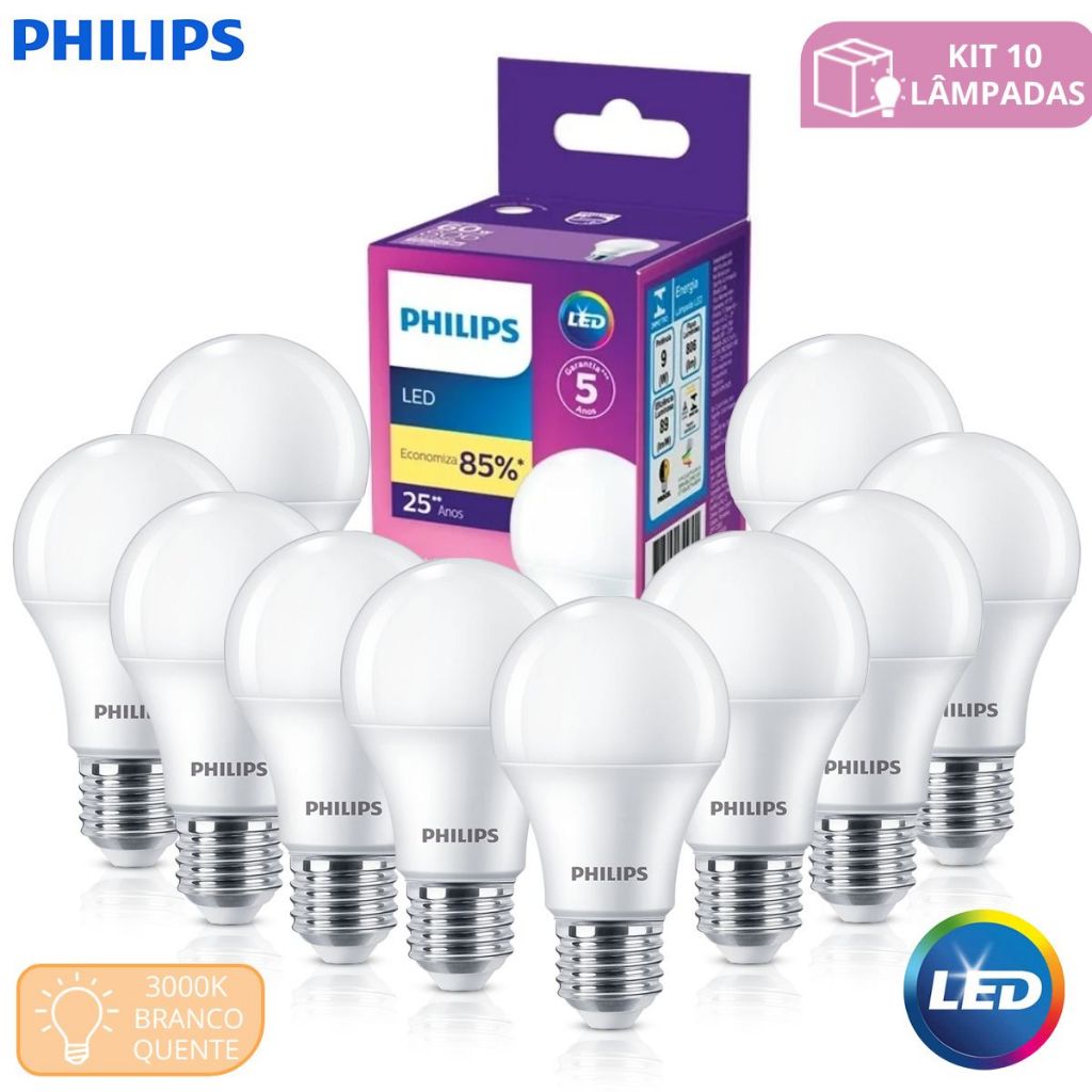 10x Lâmpadas LED Philips Bulbo 9W 3000K E27 | Luz Quente Bivolt p/ Ambientes Aconchegantes em Oferta na Shopee