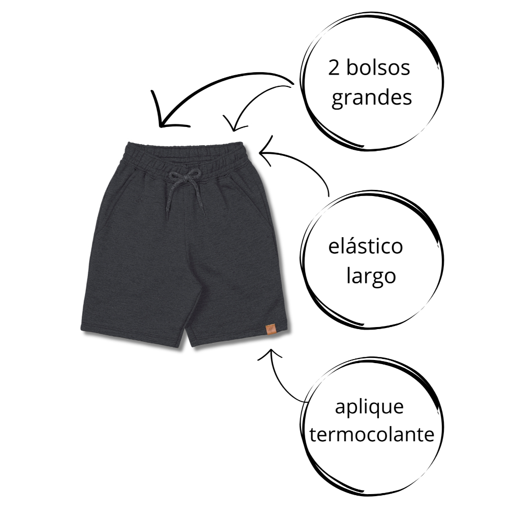 Kit com 3 Bermudas Masculinas Infantil com 2 Bolsos | Preto, Cinza e Marinho | 100% Algodão — imagem 2 de 2
