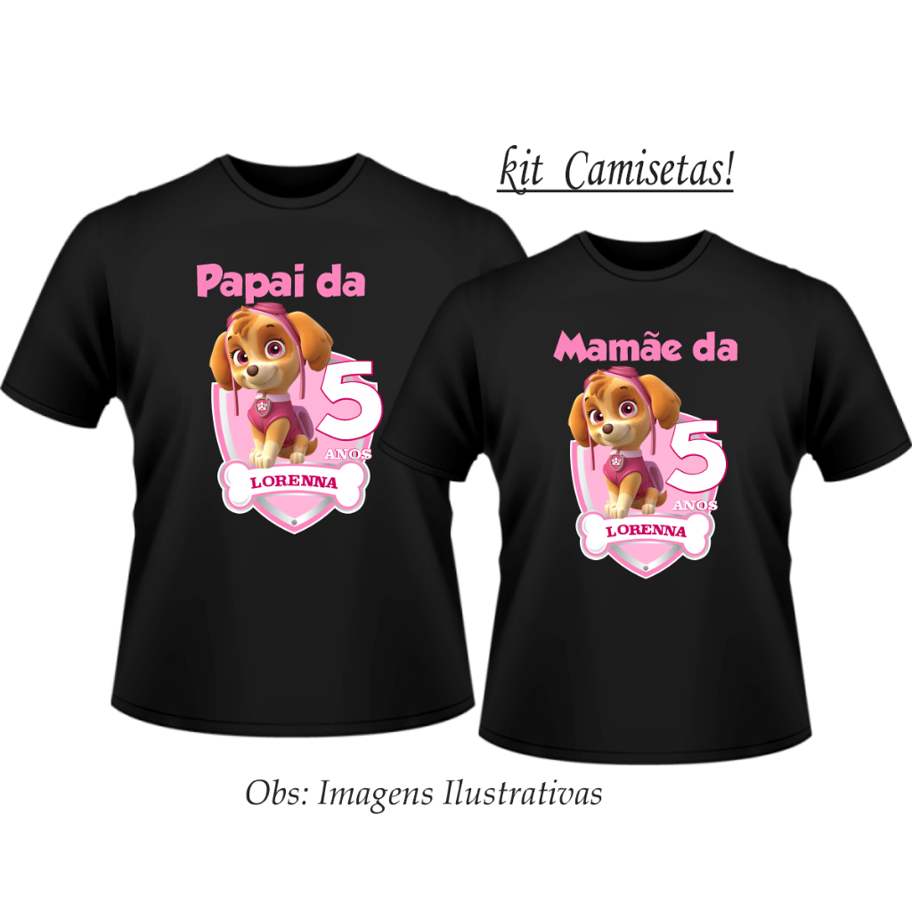 Kit 2 Camisetas Personalizadas Aniversário Skye Patrulha Canina Adulto e Infantil