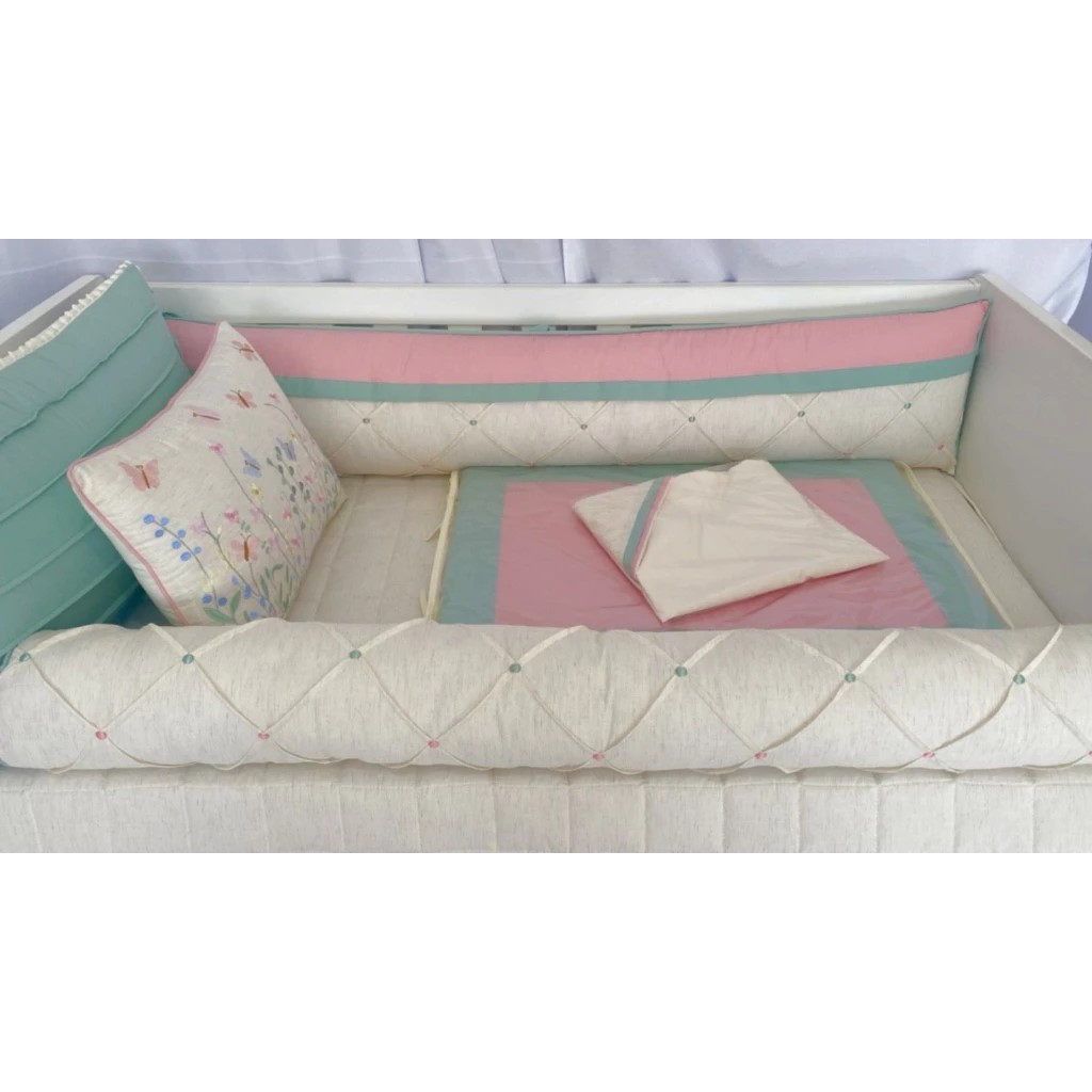 Kit Berço Americano Menina Jardim das Flores 10 Peças Rose Blush com Verde Erva Doce