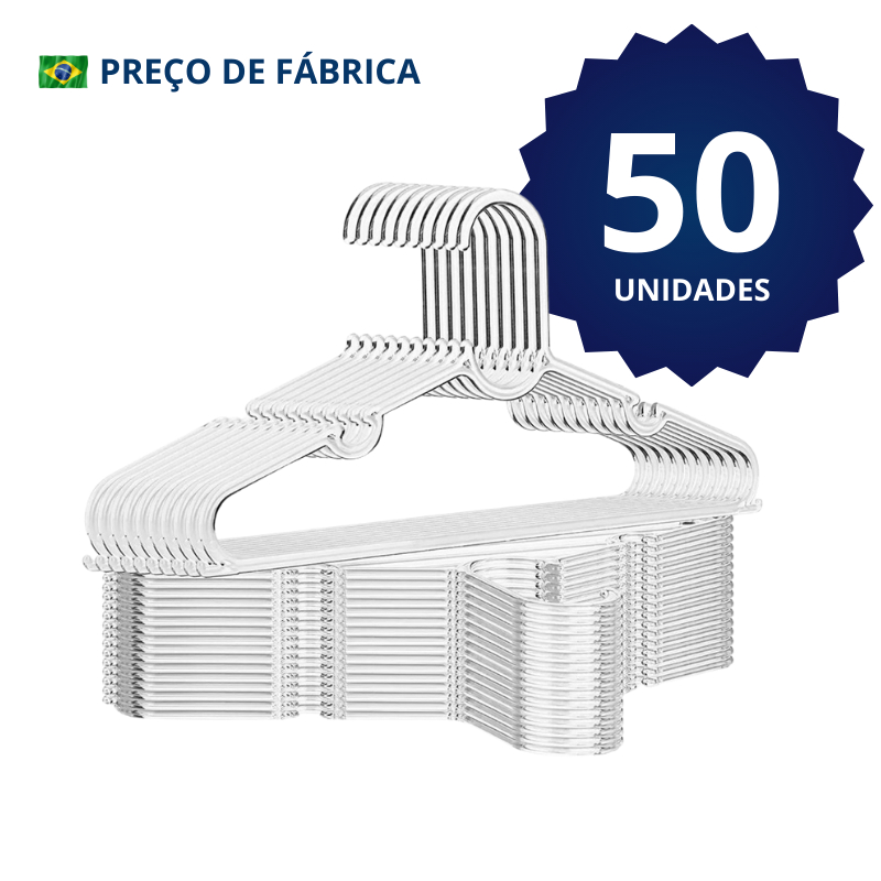 Cabide Adulto Acrílico Transparente Kit 50 Cabides Reforçado Organizar Roupas