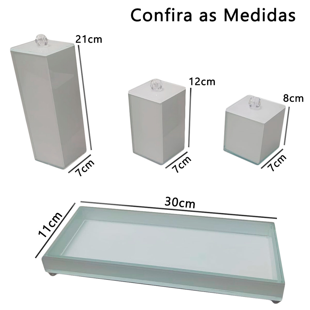 Kit Lavabo Luxo Banheiro com Bandeja Vidro Trio Organizador 3 Potes Quadrado Premium Branco