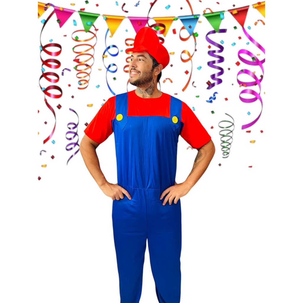 Fantasia Masculina Mario ou luigi Macacão e chapéu Carnaval festa a fantasia