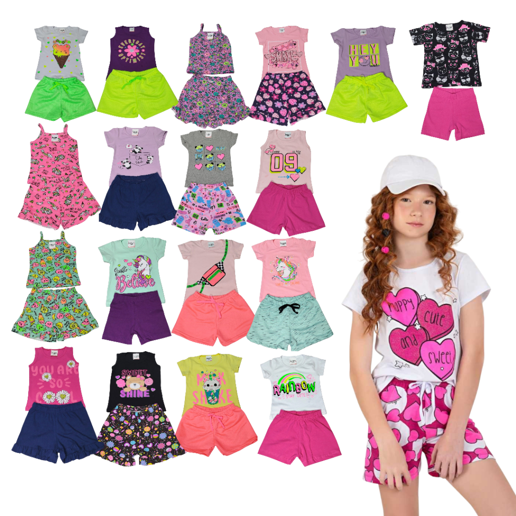 Conjunto Infantil Feminino Confortável Camiseta Algodão e Short Elástico