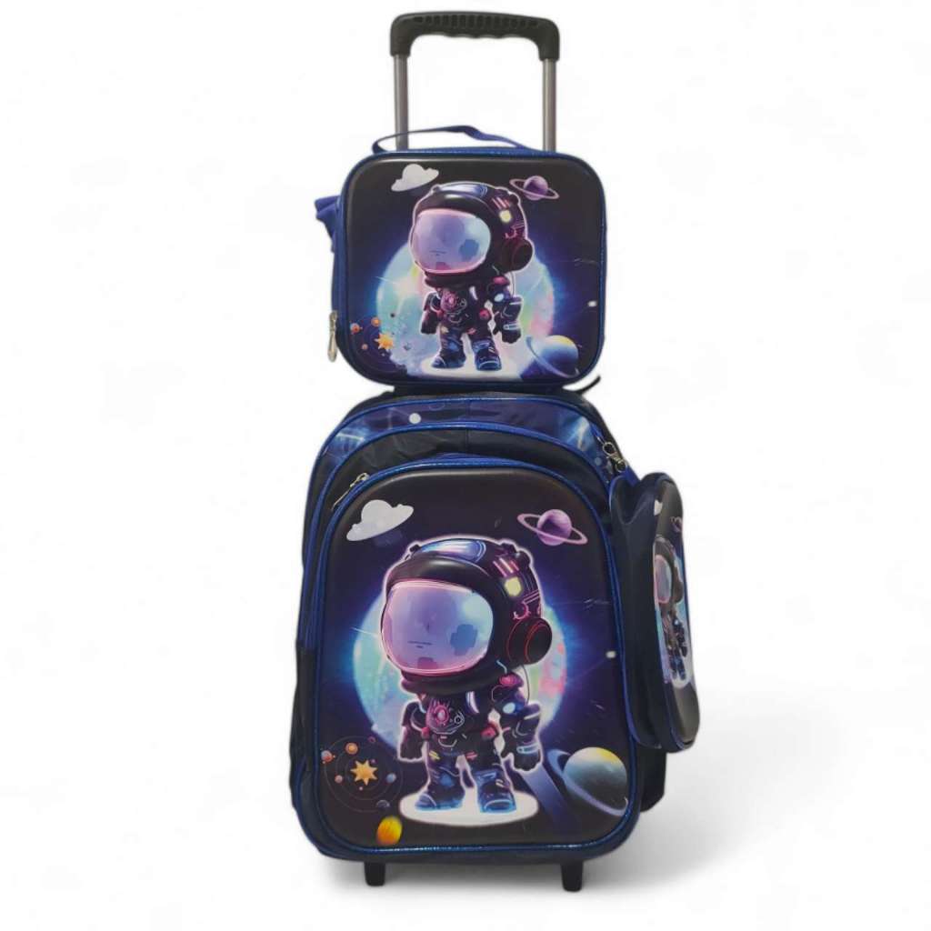Kit de Mochila Escolar Infantil de Criança com Rodinha, com Carrinho + Bolsa Termica de Lanche + Estojo Escolar