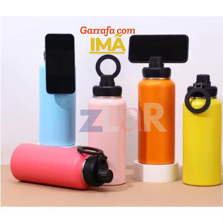 Garrafa Térmica de agua com Imã Porta Celular de Inox Academia suporte celular 1 litro