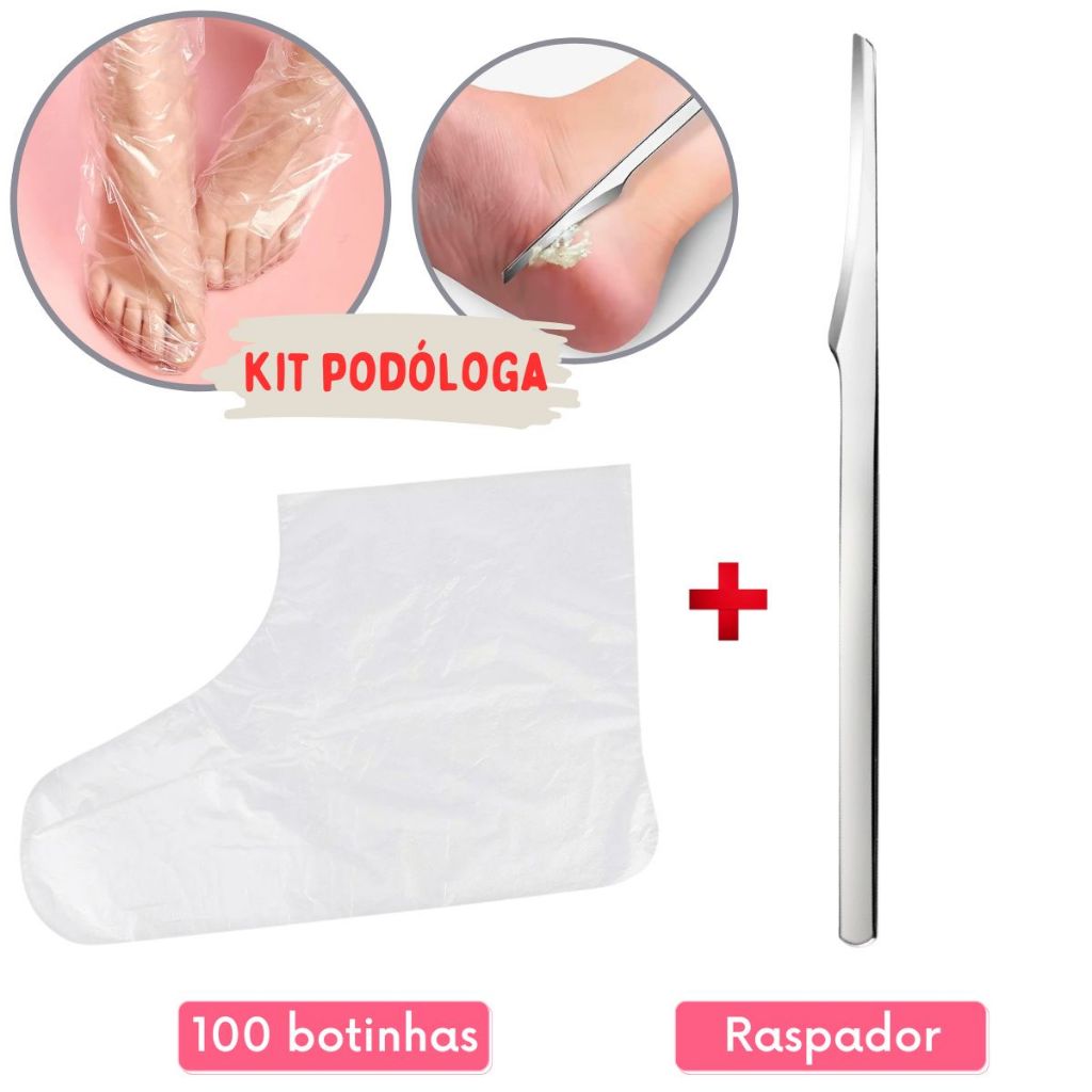 Kit 100 Bota Plástica Descartável + Espátula Removedor Calos SPA Pés Podóloga Pedicure