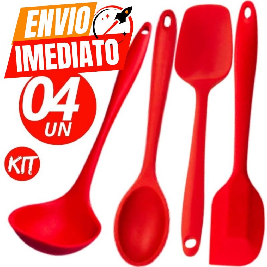 Kit de 4 Utensílios de Cozinha Silicone Resistente Casa Buffet Restaurante