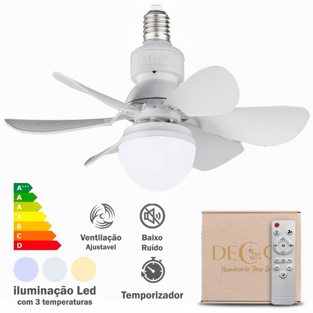 Ventilador de Teto Com Lâmpada LED Portátil Bivolt Silencioso 6 Hélices com Controle Remoto