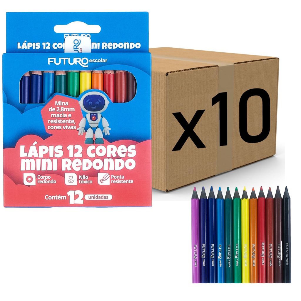 Kit 10 Caixas de Mini Lápis de Cor 12 cores Atacado Escolar Kit Festa Lembrancinha Futuro