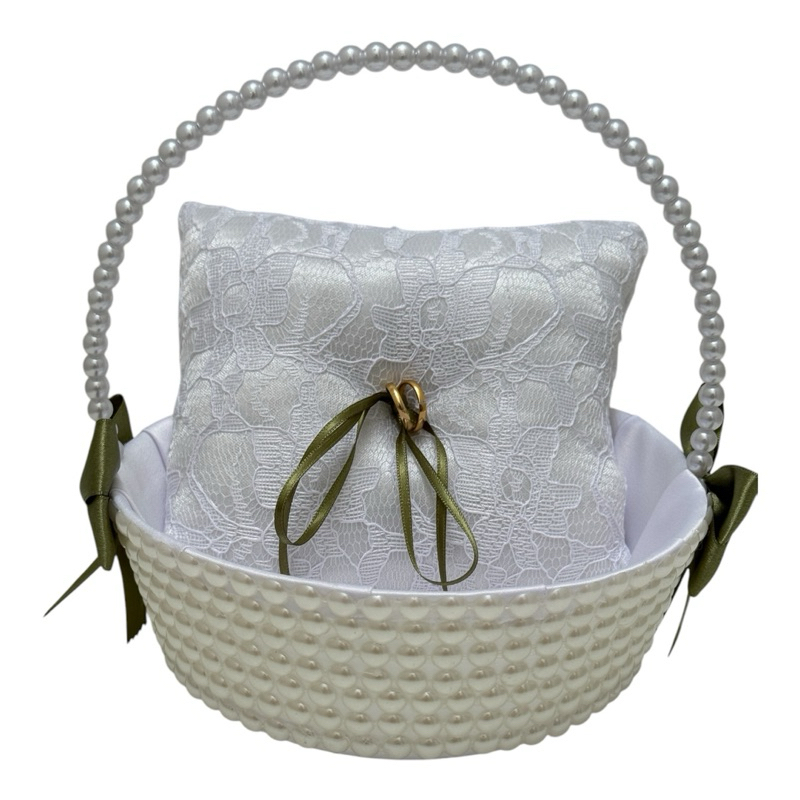 Cesta Daminha Florista + Almofada Alianças Verde Oliva