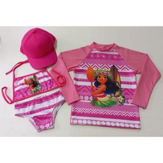 Biquini infantil + Camisa UV + Boné - Proteção Solar UV 50 - Conjunto UV para meninas Moana - Praia