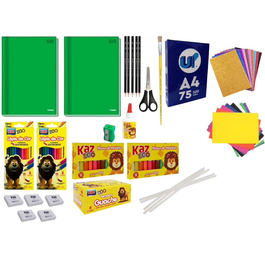 Kit Escolar Pré Completo Caderno Massinha EVA Guache Boarracha apontadaor -500 Folhas
