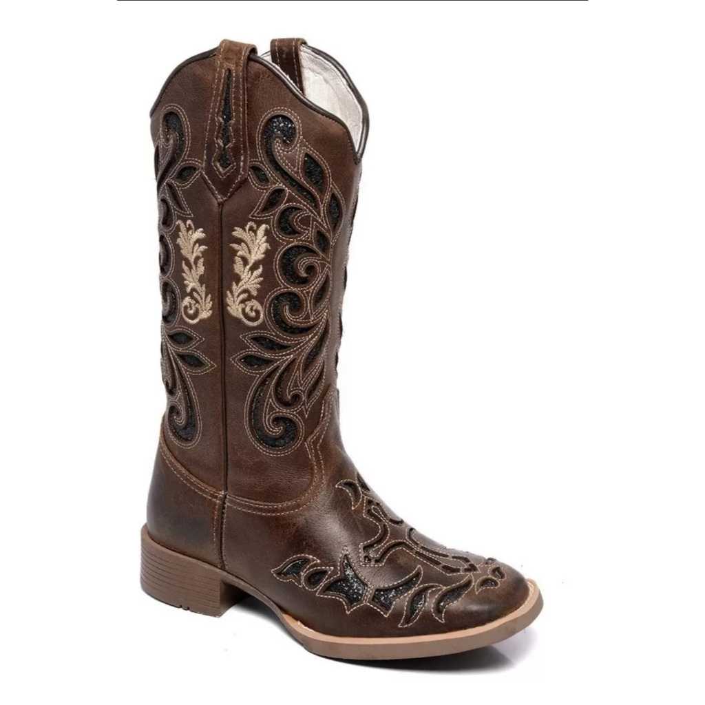 Bota Texana Bordada A Laser Cano E Gáspia Cruz Gliter Preto