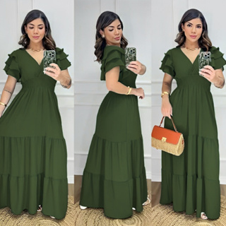 Vestido Longo Feminino Festa Casamento Formatura Batizado Duna Premium Manga Babado em Oferta na Shopee