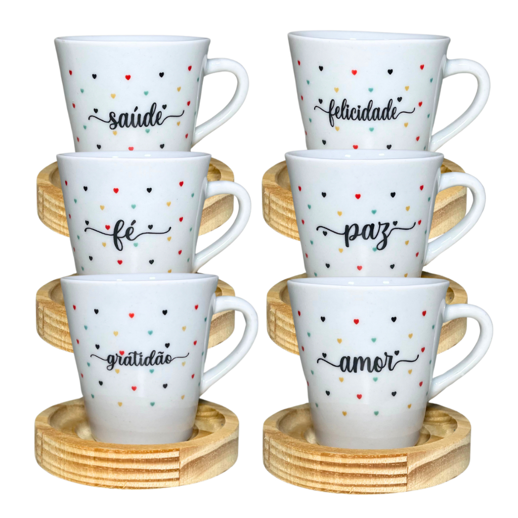 Kit Xicaras De Café Porcelana Frases Chicara Café Chá Com Pires Madeira 120ml