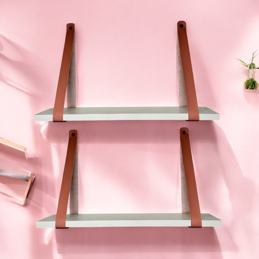 Kit 2 Prateleira de Parede decoração mdf Branca Com Alça couro