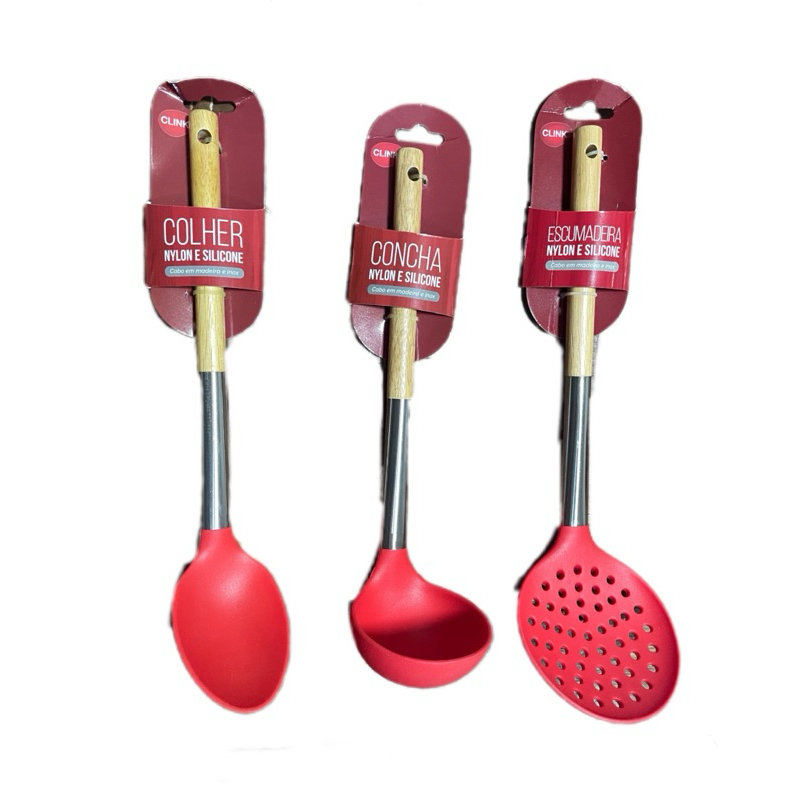 kit espumadeira concha e colher de nylon silicone e madeira Clink