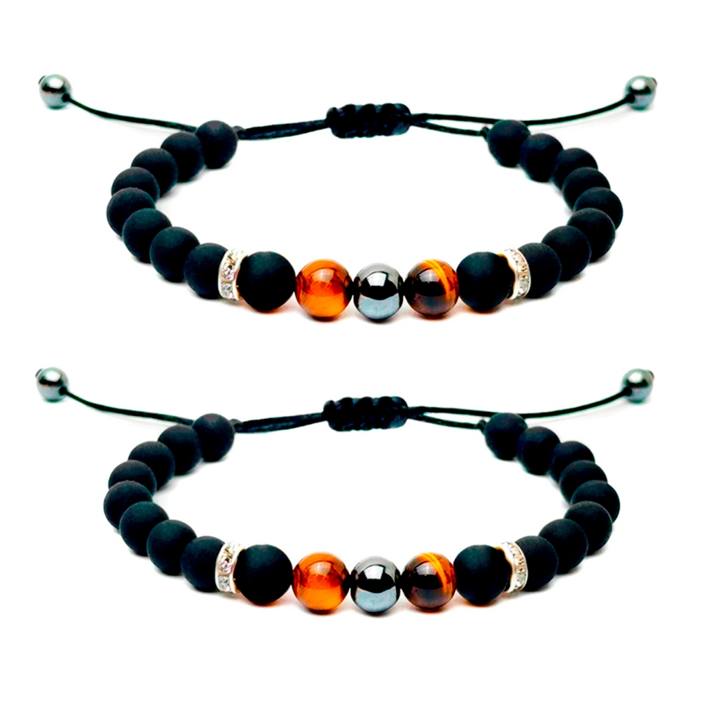 Kit 2 Pulseiras Preta Fosca Hematita Olho de tigre Pedra Natural Proteção