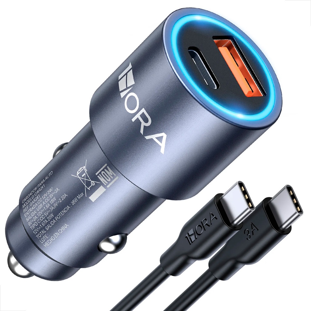 1HORA Carregador De Carro 38w Carregador Carro Carregador De Veículo Tipo C Pd 20w E Qc 3.0 18w Com Cabo