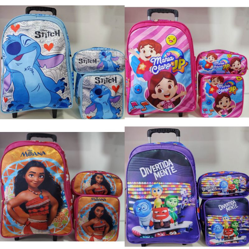 KIT MOCHILA ESCOLAR INFANTIL PARA MENINA E MENINO COM RODINHAS/ MOCHILA LANCHEIRA TÉRMICA ESTOJO/ MOCHILA STITCH, MOANA