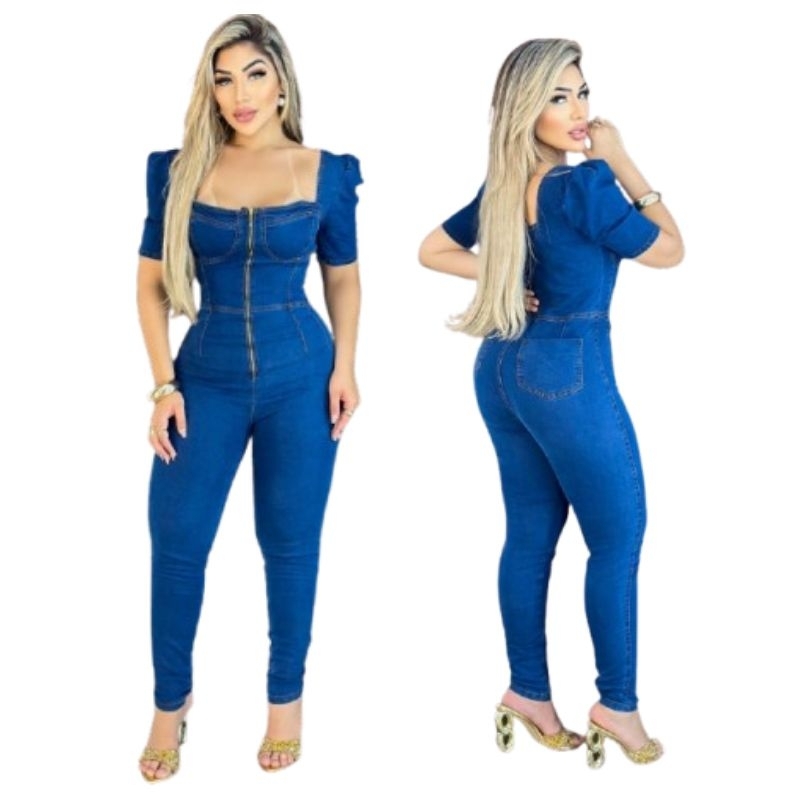 Macacão Jeans Feminino Longo Liso Manga Princesa Estilo