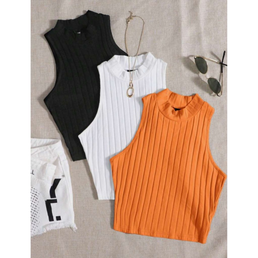KIT 3 Cropped Feminino Canelado Golinha Básica Moda Verão Diversas Cores Carnaval Praia