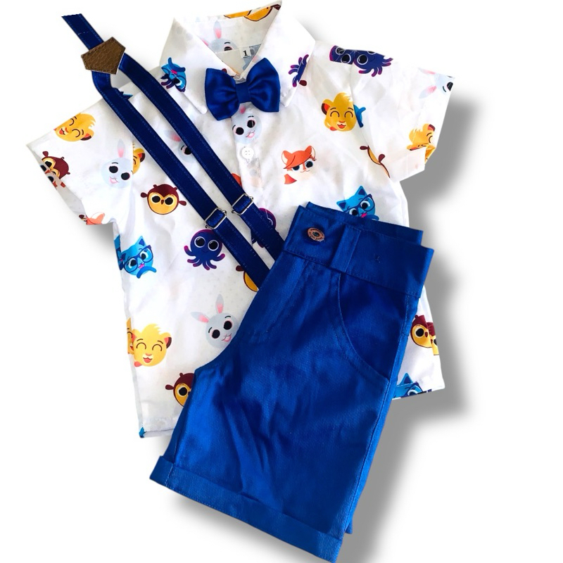 Conjunto TEMÁTICO  INFANTIL Camisa BOLOFOFOS Roupa Menino Aniversário Pão de Queijo Suspensórios
