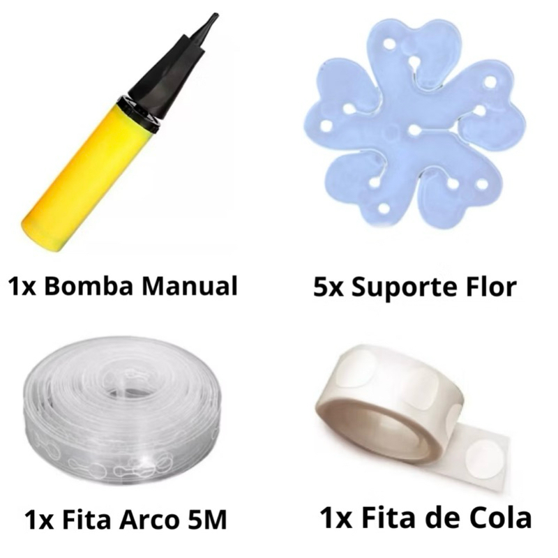 Kit P/ BALOES Bomba Manual + Fita Arco Desconstruído + Fita 100 Pontos Cola + 5 Suporte Formato Flor em Oferta na Shopee
