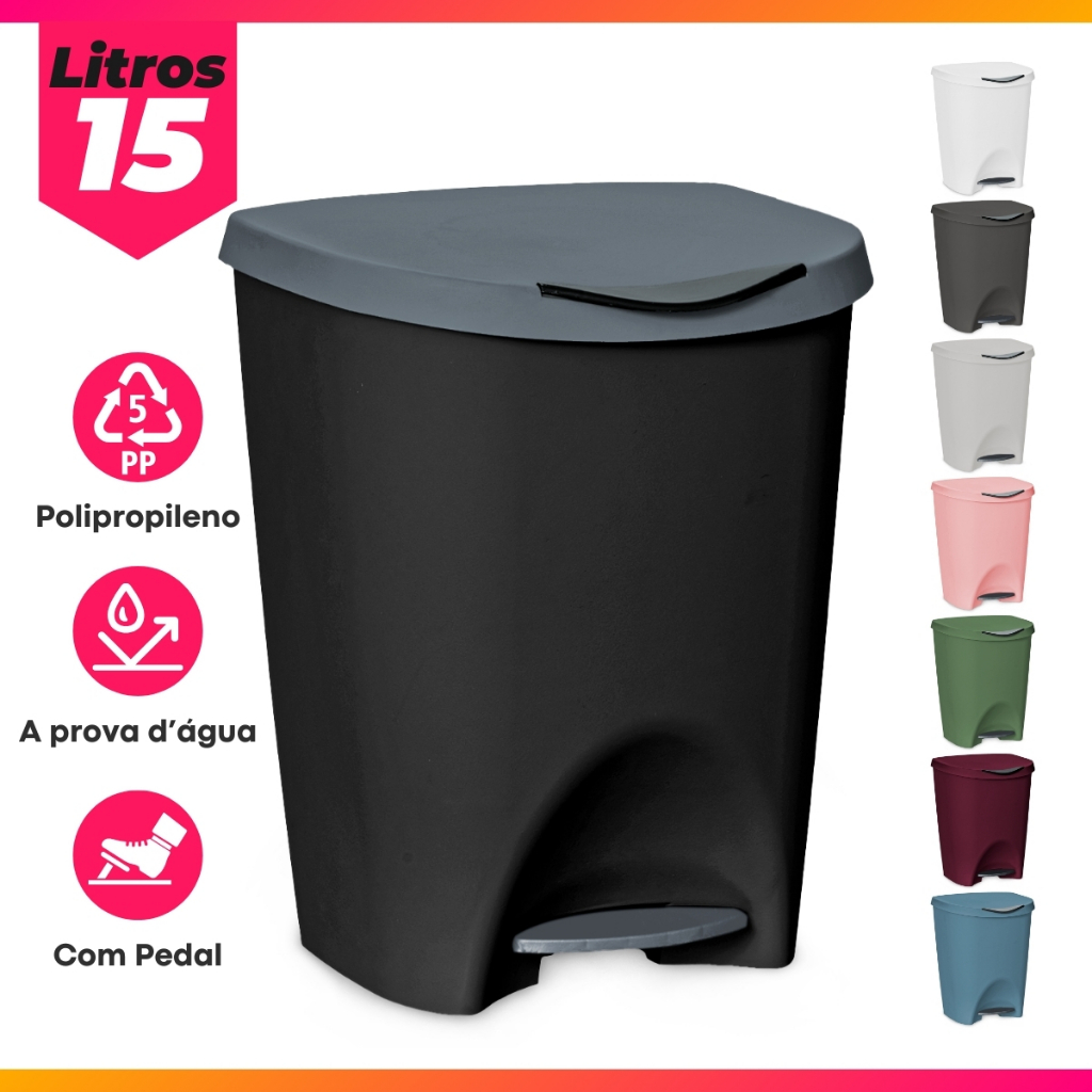 Lixo Lixeira Grande Tampa Escritório Cozinha Banheiro Trabalho Plástico c/ Pedal 15 Litros - Usual