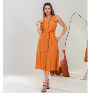 Vestido femininos Longos sem manga vestido Liso Gola Com cinto Botões 1501 em Oferta na Shopee