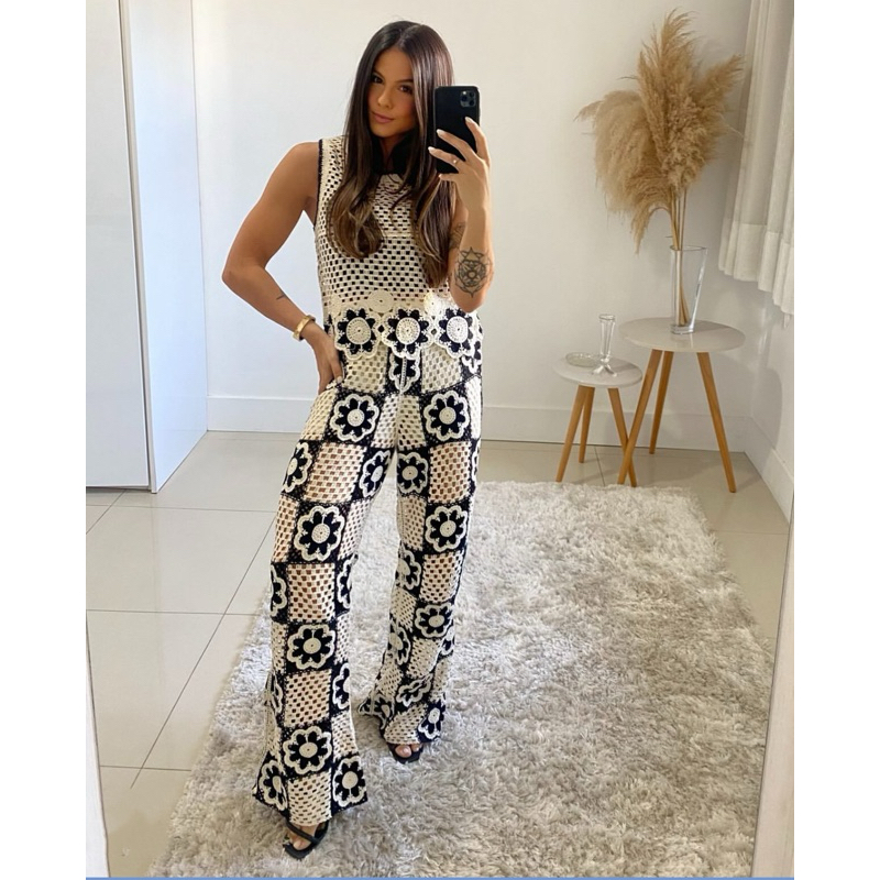 conjunto crochê colorido eatampa cropped e calça