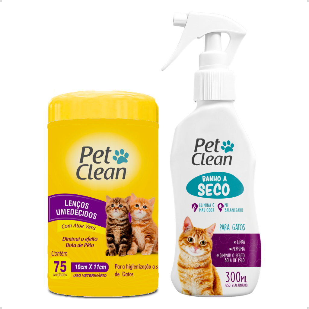 Kit Banho a Seco para Gatos 300 ml Pet Clean + Lenço Umedecido 75 Unidades para Gatos Pet Clean em Oferta na Shopee