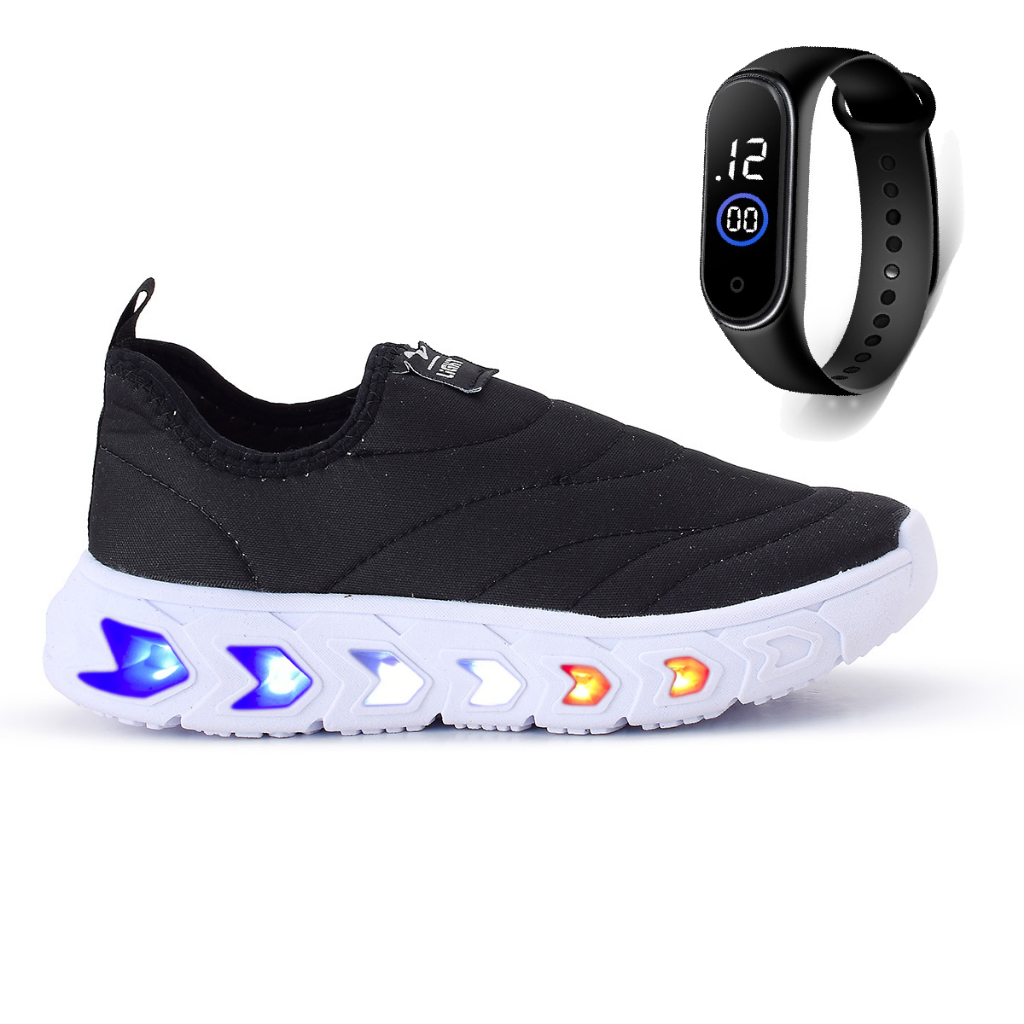 Tenis Infantil de Led Menino e Menina Calce Facil Preto e Branco e Relógio Atacadão Divinopolis