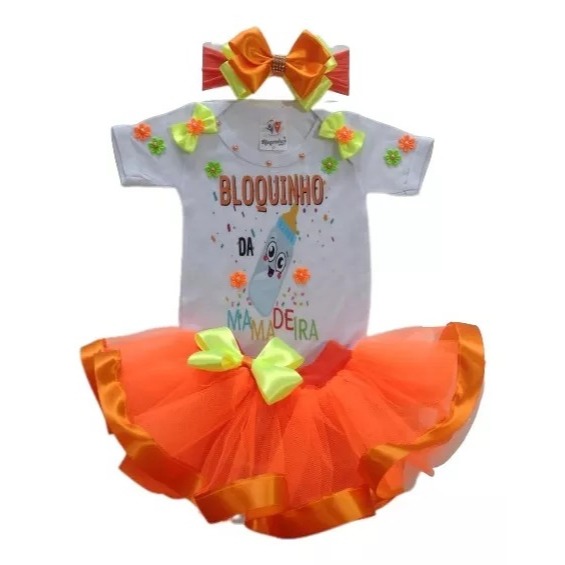 Conjunto Roupa Bebê Menina Body Bloquinho Da Mamadeira Infantil Temático Carnaval Mesversário C/ Saia Tutu e Laço