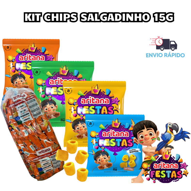 Kit Chips Salgadinhos Milho - Queijo -Bacon -Cebola-Requeijão- 20-40 unidades de 15g- Aritana Festas