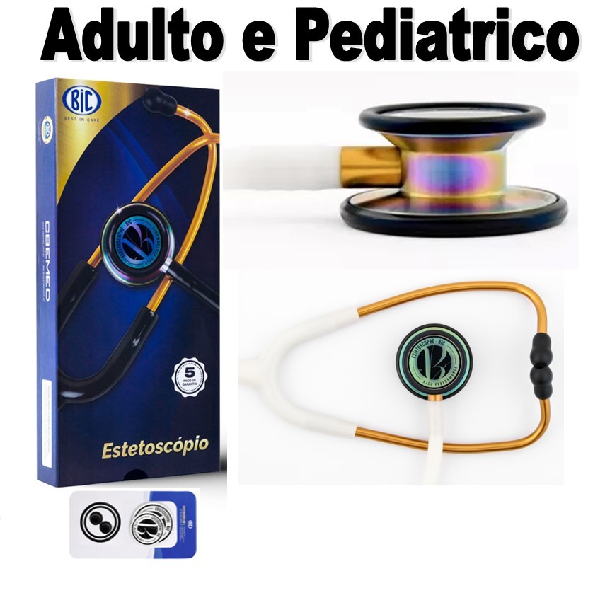 Estetoscópio Bic Eternity Duplo Adulto e  Infantil Gold Branco Rainbow