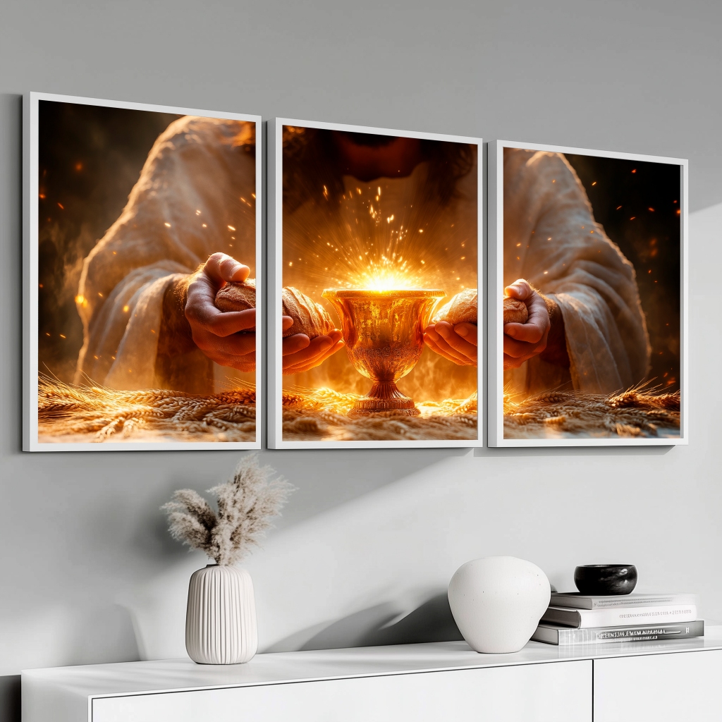 Conjunto Quadros Decorativos Moldura De Madeira Jesus Santa Ceia