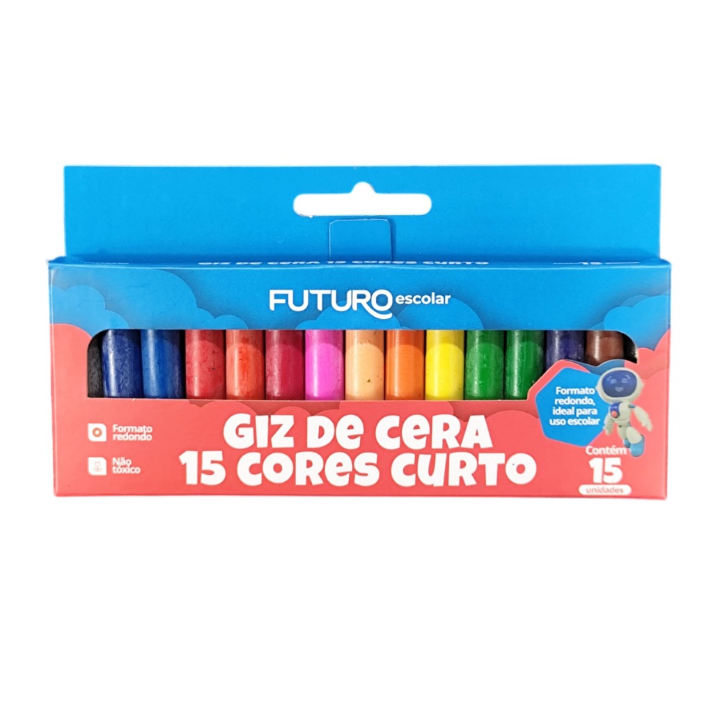 Giz de Cera 15 Cores Grosso Curto Escolar